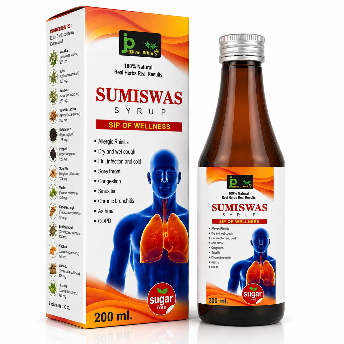 JP Herbal India SUMISWAS Syrup | Ayurvedic Respiratory Wellness Syrup | Sugar Free | 200 ml