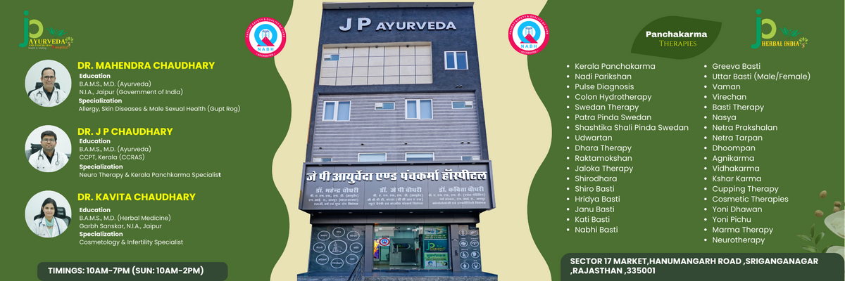 A promotional banner for JP Ayurveda, featuring a central building illustration with the JP AYURVEDA logo, alongside text blocks in Gujarati listing doctors, contact details, and treatment offerings. The design uses green and beige wavy sections with profile photos of Dr.