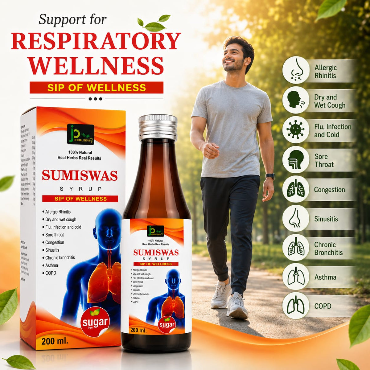 JP Herbal India SUMISWAS Syrup | Ayurvedic Respiratory Wellness Syrup | Sugar Free | 200 ml