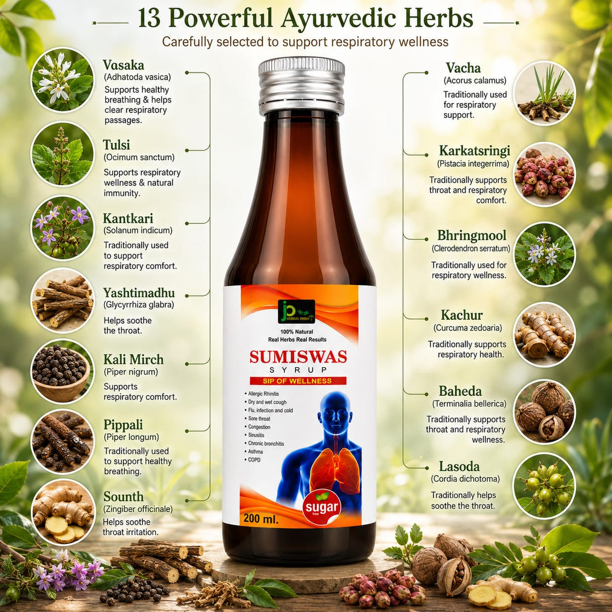 JP Herbal India SUMISWAS Syrup | Ayurvedic Respiratory Wellness Syrup | Sugar Free | 200 ml