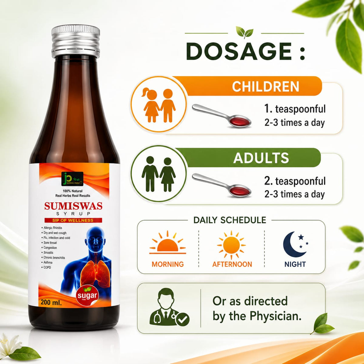 JP Herbal India SUMISWAS Syrup | Ayurvedic Respiratory Wellness Syrup | Sugar Free | 200 ml