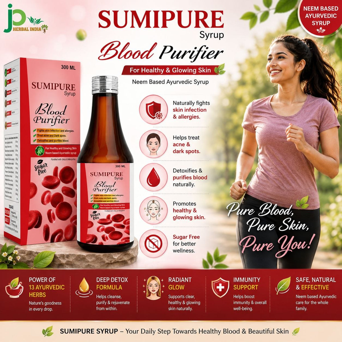 SUMIPURE Blood Purifier Syrup | Ayurvedic Blood Cleanser for Healthy & Glowing Skin | Sugar Free | 300 ml