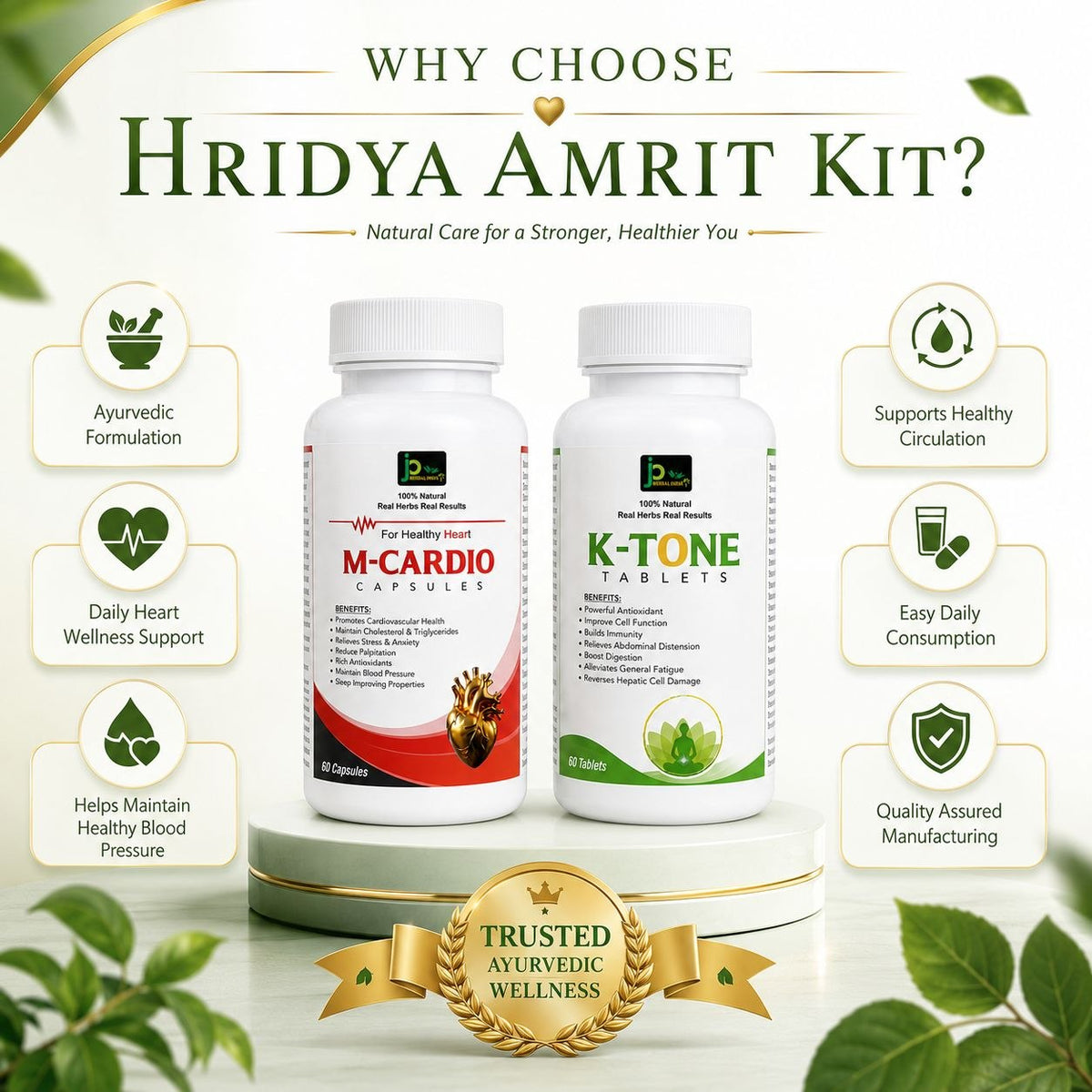 HRIDYA AMRIT KIT | M-CARDIO Capsules (60 Caps) + K-TONE Tablets (60 Tabs) | Ayurvedic Heart Wellness Combo