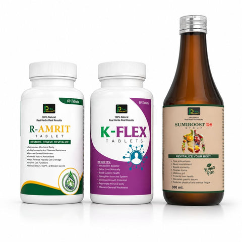 AROGYAM KIT Complete Ayurvedic Wellness Combo R-AMRIT Tablets (60 Tablets) + K-FLEX Tablets (60 Tablets) + SUMIBOOST-DS Syrup (300 ml)