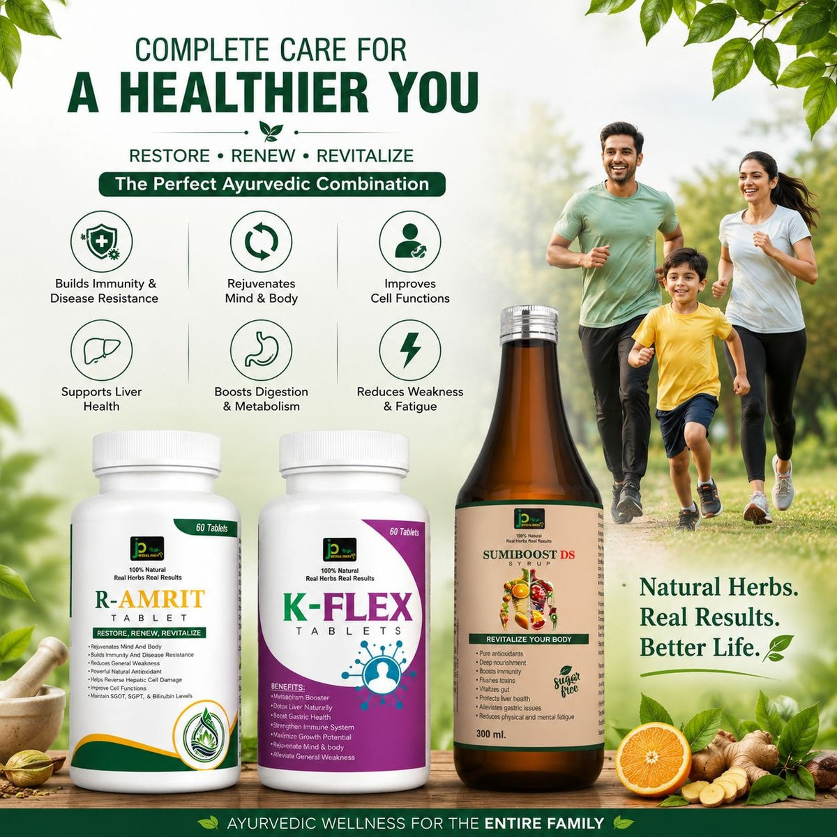AROGYAM KIT Complete Ayurvedic Wellness Combo R-AMRIT Tablets (60 Tablets) + K-FLEX Tablets (60 Tablets) + SUMIBOOST-DS Syrup (300 ml)