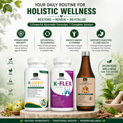 AROGYAM KIT Complete Ayurvedic Wellness Combo R-AMRIT Tablets (60 Tablets) + K-FLEX Tablets (60 Tablets) + SUMIBOOST-DS Syrup (300 ml)