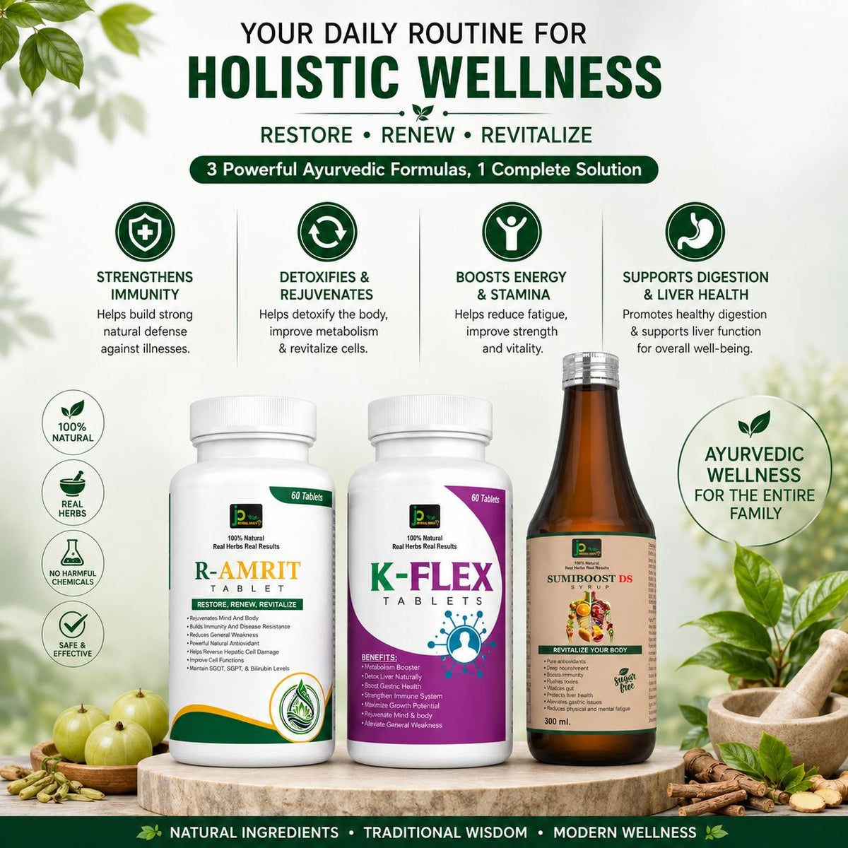 AROGYAM KIT Complete Ayurvedic Wellness Combo R-AMRIT Tablets (60 Tablets) + K-FLEX Tablets (60 Tablets) + SUMIBOOST-DS Syrup (300 ml)